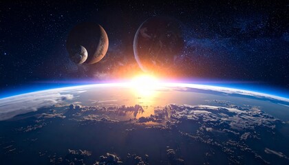 Obraz premium The blue planet Earth with its atmosphere is a globe orbiting the sun in space, often seen with the moon and stars in the universe