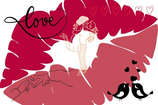 Romantic Kiss Couple Outline Silhouette with Love Script and Hearts - 1