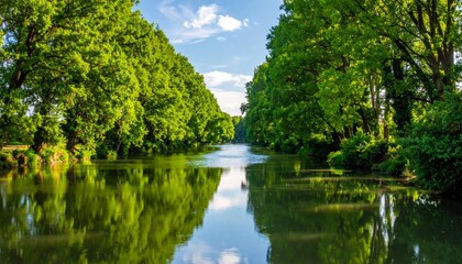 Lush forest landscape with a beautiful stream flowing past trees and reflecting the blue sky