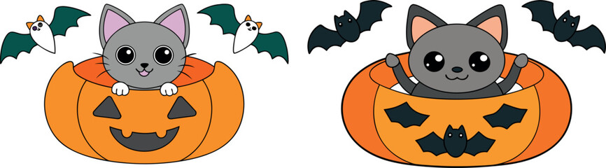 halloween pumpkin illustration, spooky bats artwork, scary pumpkin faces, halloween night drawing, flying bats vector, october party icons, haunted halloween design, pumpkin lantern artwork, trick or 