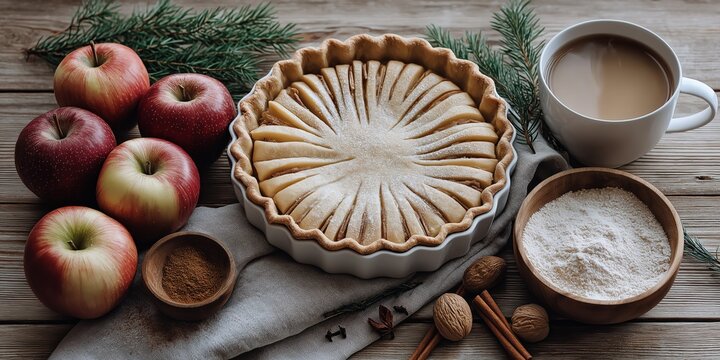 Rustic apple pie with cinnamon and nutmeg ingredients