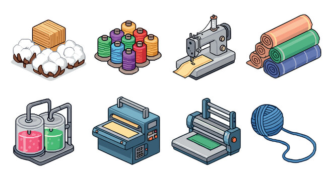 Isometric textile industry icons sewing machine, yarn, fabric rolls, dyeing tanks