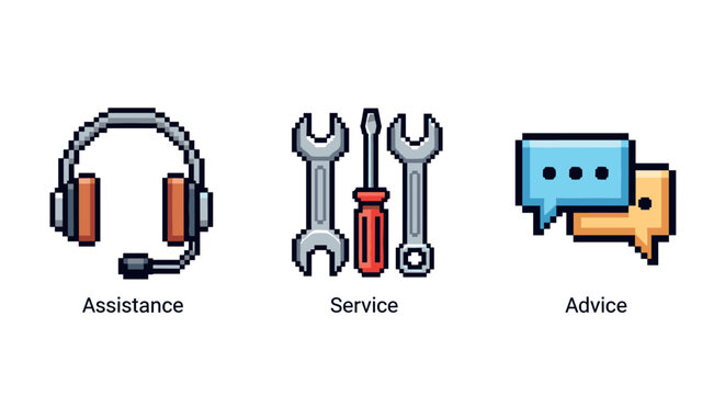 Pixel art customer support icons with headset, tools, and chat bubbles - Powered by Adobe