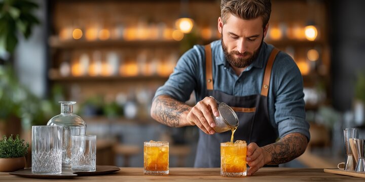 Young caucasian male bartender crafting cocktails in cozy bar setting
