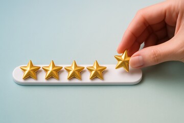 Hand positions a radiant golden star, completing a perfect five-star rating, representing premium customer satisfaction, quality service, and excellence on a serene mint backdrop