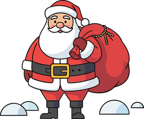 Cute Santa Claus carrying big red sack full of gifts standing on snow, Christmas holiday character vector illustration design