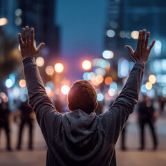 Lone Protester Facing Police With Raised Hands – Peaceful Resistance at Night