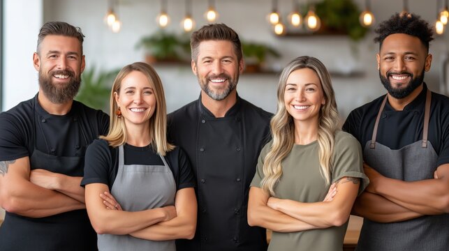 Group of diverse chefs smiling in modern kitchen setting
