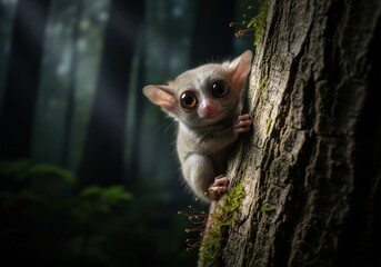 Obraz premium Adorable bush baby peeking from behind a tree in a lush forest