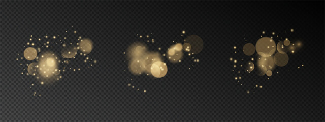 Naklejka na ściany i meble Golden bokeh light effect on transparent background. Luminous glitter particles, shimmering dots, soft circles with warm glow. Vector festive overlay with star dust. Holiday decoration for cards.