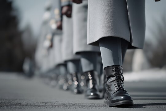 Military parade close-up: soldiers marching in formation with polished boots
