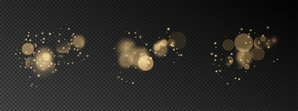 Golden bokeh light effect on transparent background. Luminous glitter particles, shimmering dots, soft circles with warm glow. Vector festive overlay with star dust. Holiday decoration for cards.