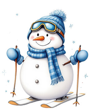 Cute snowman wearing a blue hat and scarf, skiing with ski poles and skis isolated on transparent background