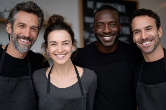 Smiling cafe staff group portrait of diverse young adults in aprons