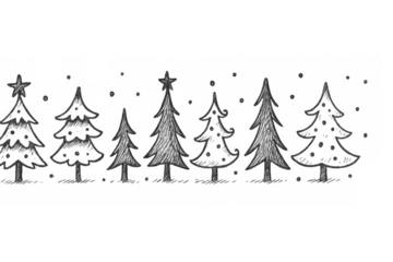 Hand drawn christmas tree sketch border creating seamless pattern for winter holidays, transparent background