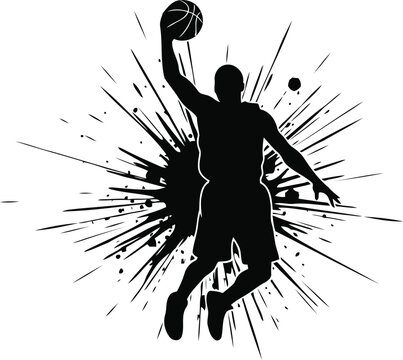 Dynamic basketball player silhouette in mid dunk action set against a vibrant energetic background with expressive splatter and stroke artistic effects