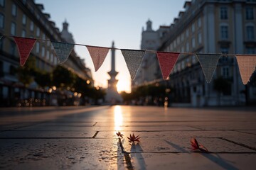 Obraz premium Sunrise over quiet city street with colorful bunting and autumn leaves