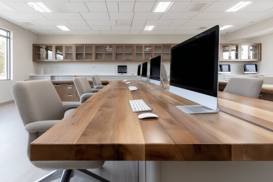 Modern computer lab with wooden tables and sleek monitors in bright space