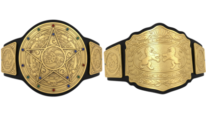 Two ornate golden championship wrestling belts displayed against a black background