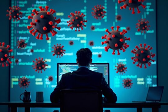 Cyber Vulnerability Illustrated: A Concept Photo of a Person in a Suit at a Computer Surrounded by Digital Threats and Hacking Code, Emphasizing Importance