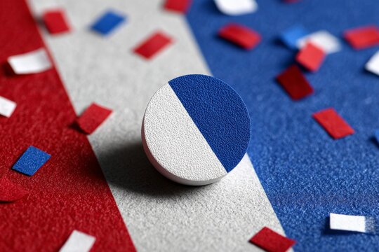 French flag colored circular badge with confetti on tri-color background