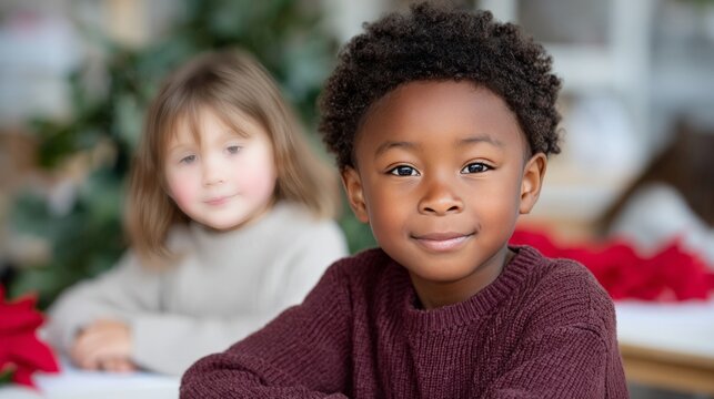 Smiling african child boy with caucasian child girl in cozy setting