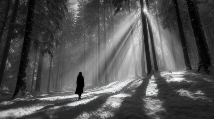 A young woman walking through a dense, snow-covered forest