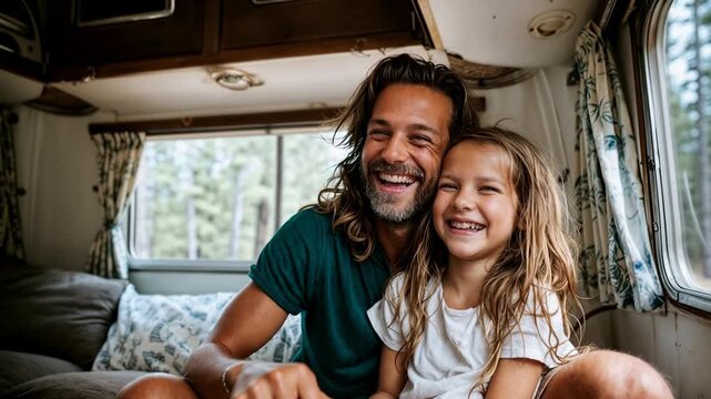 Smiling family relaxes inside a campervan beneath wood panel interior, cozy travel moment capturing freedom, bonding and slow adventure lifestyle. Versatile roy