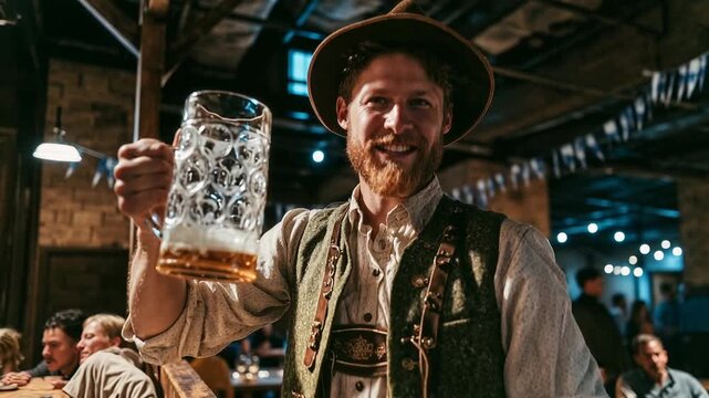Bavarian man lifts a full beer stein with big smile in festive hall decor, regional tradition and gem&uuml;tlich charm built for culture, travel and brewery storytelling.