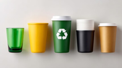 Fototapeta premium Colorful assorted plastic cups with recycling symbol on green cup