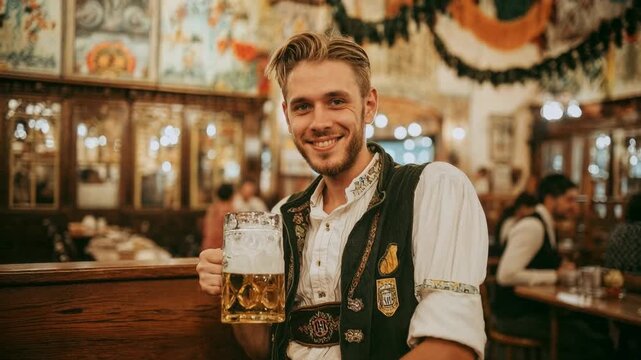 Smiling guest enjoys a large stein seated indoors among festival decor, a cozy travel-friendly toast suited to hospitality, nightlife and brewery branding. Vers
