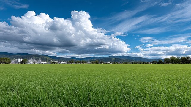 Vibrant green field under dramatic cloudy sky in countryside landscape