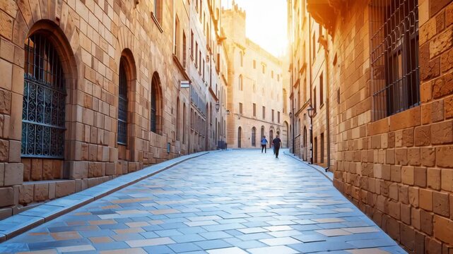 Sunlit Passage: A captivating alleyway, framed by timeless buildings bathed in the golden light of dawn, invites exploration. capturing the essence of architectural charm and the allure of discovery.
