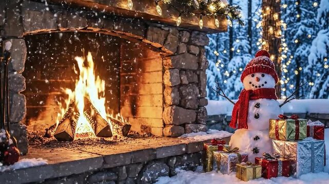 Cozy winter fireplace scene with snowman gifts and holiday lights in snowy forest ambiance for festive background and seasonal marketing. Cozy winter fireplace background