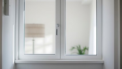A closed window in a simple room with natural ambient light filtering through.