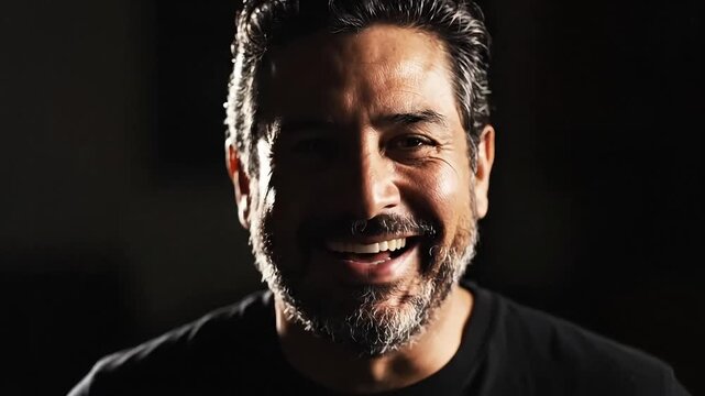Close up portrait of a smiling man with graying beard against a dark background image shot