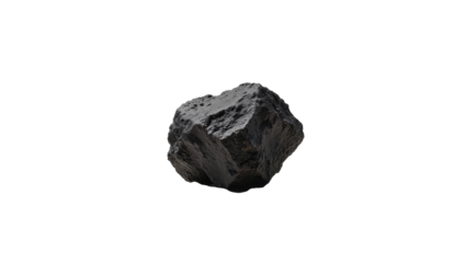 A black porous basalt stone with an uneven surface, highlighted on a white background. Ideal for scientific illustrations and geological projects.