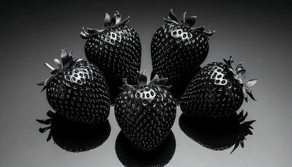 Black and white close-up photograph of five fresh strawberries
