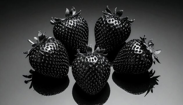 Black and white close-up photograph of five fresh strawberries - Powered by Adobe