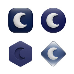 Discover modern dark mode icons featuring glowing crescent moons in diverse geometric shapes for a sleek, digital interface aesthetic, perfect for app design and web.