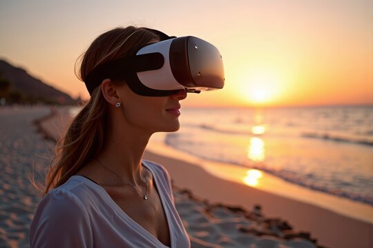 Woman analyzing data using virtual reality headset on beach at sunset