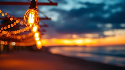 Sunset beach with soft-focus hanging lights, evoking a serene and dreamy coastal atmosphere.