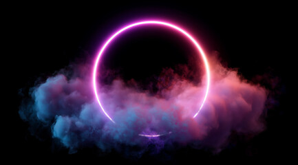 Obraz premium an abstract cloud illuminated with a neon light ring on a dark background
