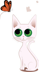 White cat with big green eyes.