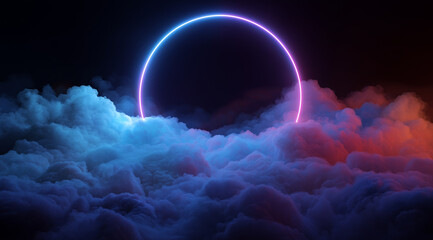 an abstract cloud illuminated with a neon light ring on a dark background
