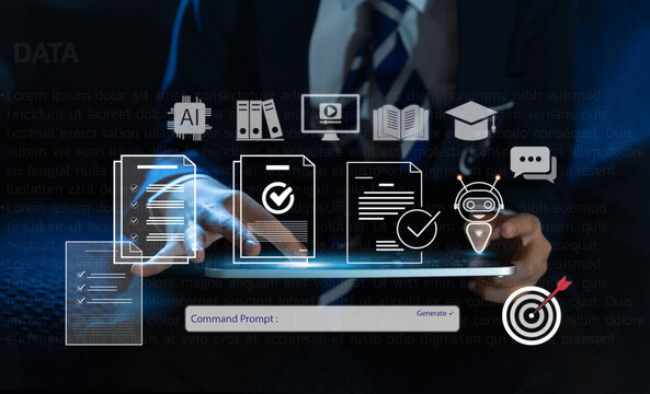Education Learning,Teenboy using tablet with AI powered education technology with digital document,chatbot assistant,virtual learning tool,online learning,smart classroom,automated academic systems