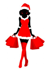 Christmas shopping girl with bags vector illustration. Happy shopping girl in Santa costume on white background. Woman with shopping bags in Christmas theme.