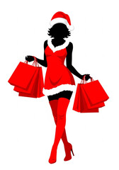 Christmas shopping girl with bags vector illustration. Happy shopping girl in Santa costume on white background. Woman with shopping bags in Christmas theme.