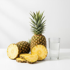 Fresh pineapples sliced and whole with a glass of clear liquid on a white surface