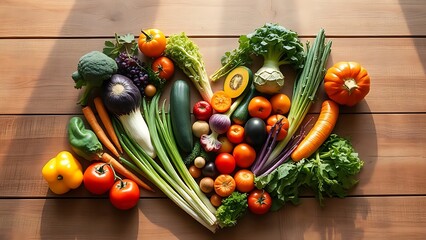 Artistic heart-shaped vegetable arrangement on rustic wood, symbolizing healthy living in natural morning light.